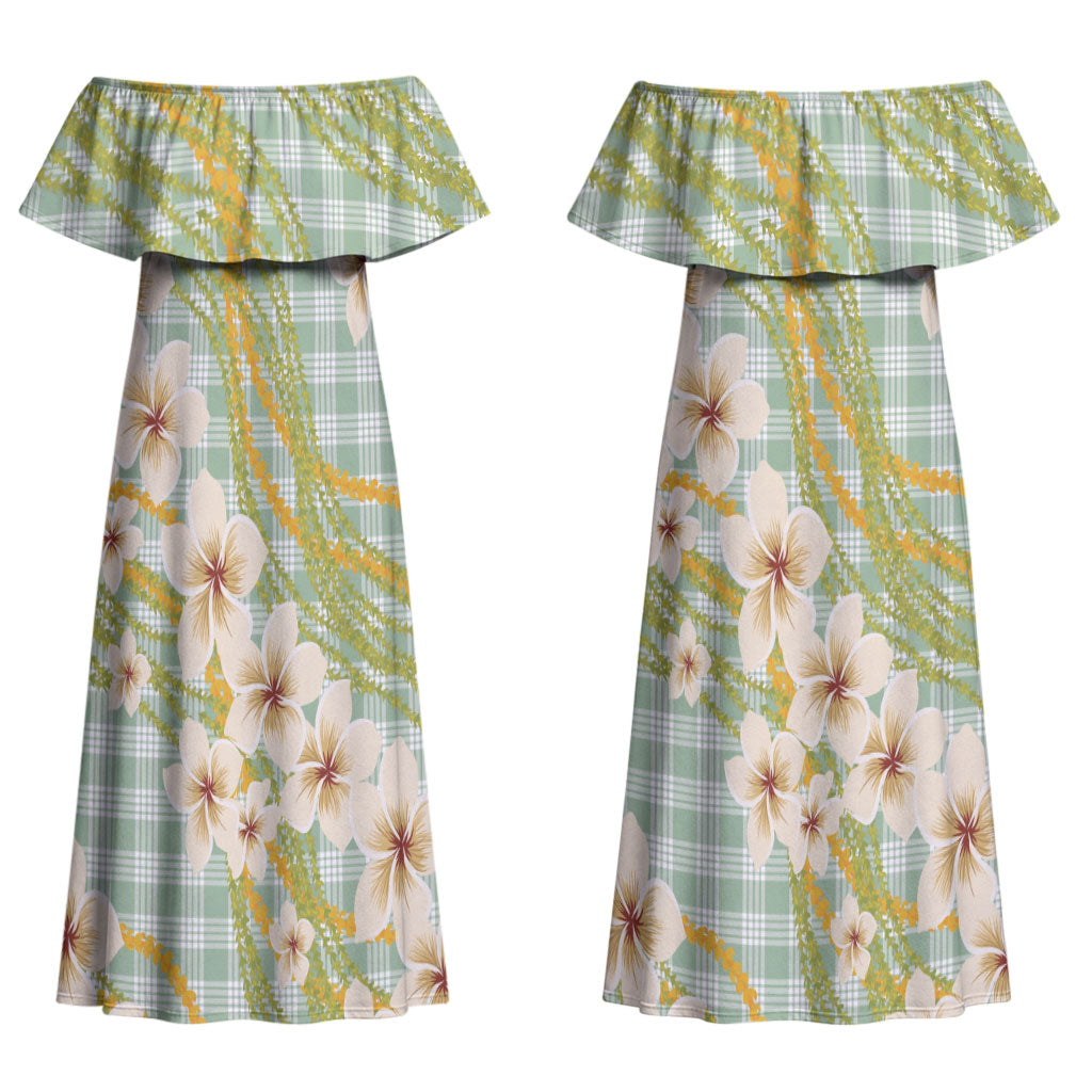 Liko Kukui Hawai'i Palaka Plumeria Couples Matching Off Shoulder Maxi Dress and Hawaiian Shirt Puakenikeni and Maile Lei
