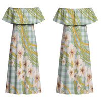 Liko Kukui Hawai'i Palaka Plumeria Couples Matching Off Shoulder Maxi Dress and Hawaiian Shirt Puakenikeni and Maile Lei