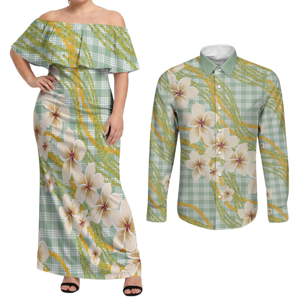 Liko Kukui Hawai'i Palaka Plumeria Couples Matching Off Shoulder Maxi Dress and Long Sleeve Button Shirt Puakenikeni and Maile Lei