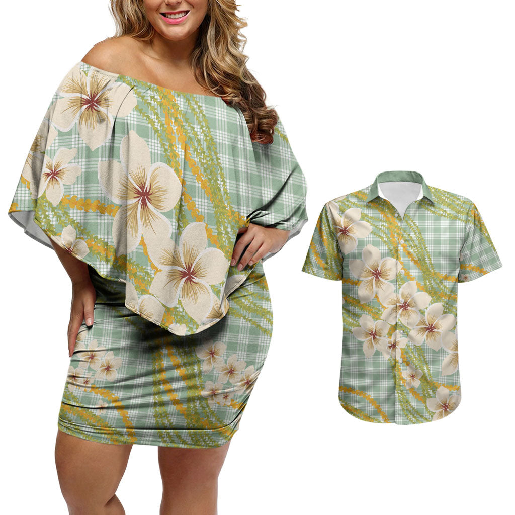 Liko Kukui Hawai'i Palaka Plumeria Couples Matching Off Shoulder Short Dress and Hawaiian Shirt Puakenikeni and Maile Lei