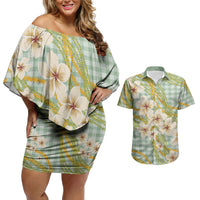 Liko Kukui Hawai'i Palaka Plumeria Couples Matching Off Shoulder Short Dress and Hawaiian Shirt Puakenikeni and Maile Lei