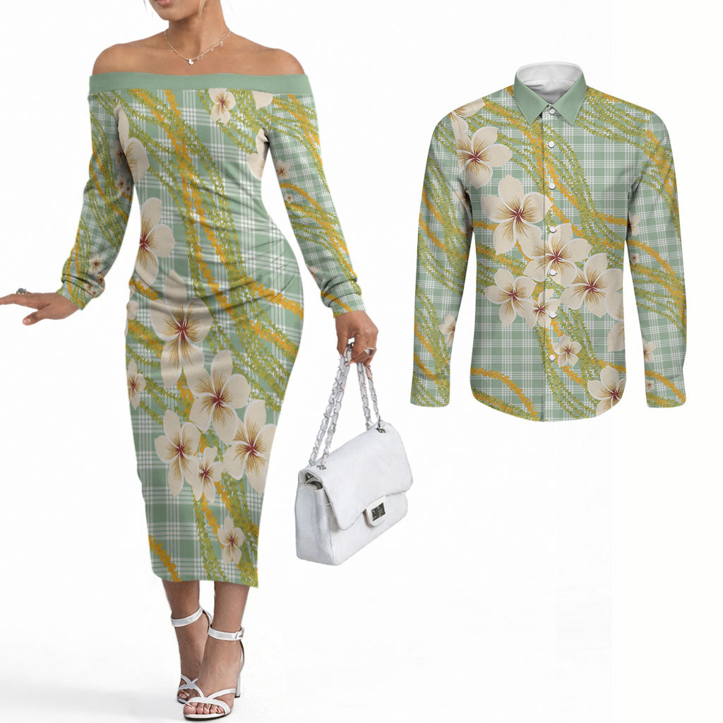 Liko Kukui Hawai'i Palaka Plumeria Couples Matching Off The Shoulder Long Sleeve Dress and Long Sleeve Button Shirt Puakenikeni and Maile Lei