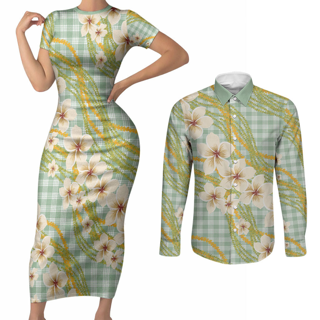 Liko Kukui Hawai'i Palaka Plumeria Couples Matching Short Sleeve Bodycon Dress and Long Sleeve Button Shirt Puakenikeni and Maile Lei