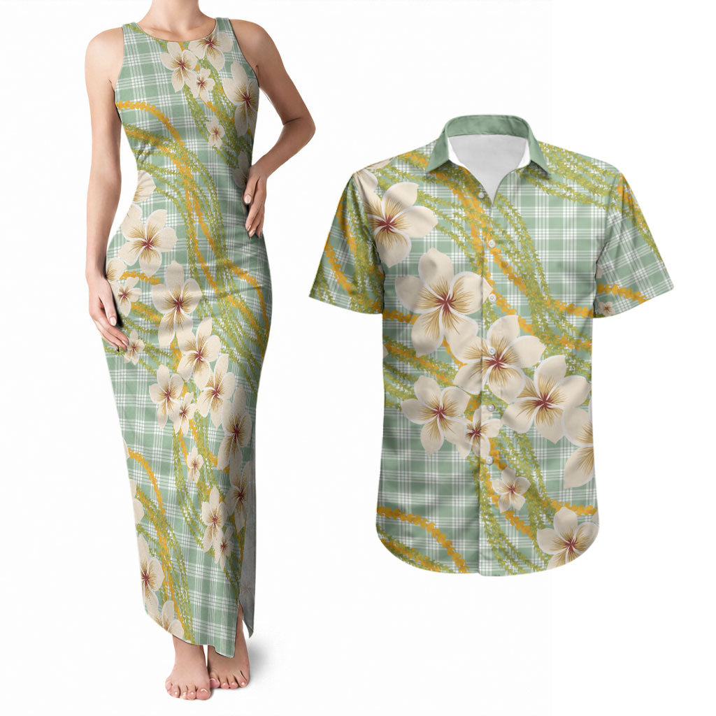 Liko Kukui Hawai'i Palaka Plumeria Couples Matching Tank Maxi Dress and Hawaiian Shirt Puakenikeni and Maile Lei