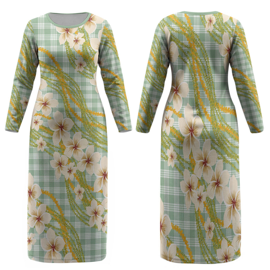 Liko Kukui Hawai'i Palaka Plumeria Family Matching Long Sleeve Bodycon Dress and Hawaiian Shirt Puakenikeni and Maile Lei LT9 Mom's Dress Sage Green - Polynesian Pride