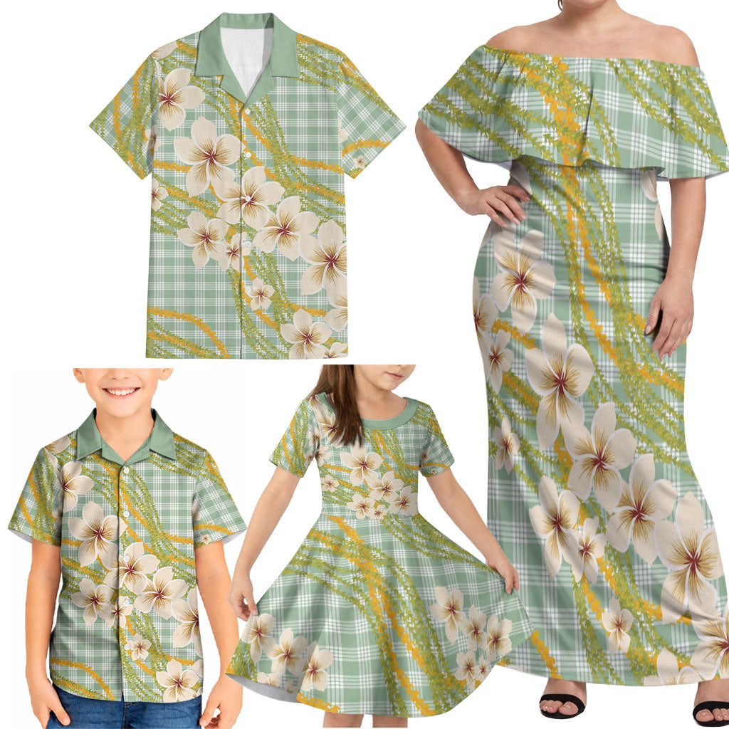 Liko Kukui Hawai'i Palaka Plumeria Family Matching Off Shoulder Maxi Dress and Hawaiian Shirt Puakenikeni and Maile Lei