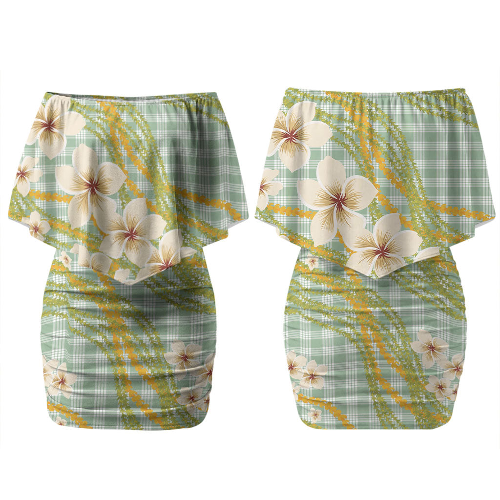 Liko Kukui Hawai'i Palaka Plumeria Family Matching Off Shoulder Short Dress and Hawaiian Shirt Puakenikeni and Maile Lei LT9 Mom's Dress Sage Green - Polynesian Pride