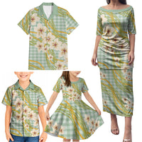 Liko Kukui Hawai'i Palaka Plumeria Family Matching Puletasi and Hawaiian Shirt Puakenikeni and Maile Lei