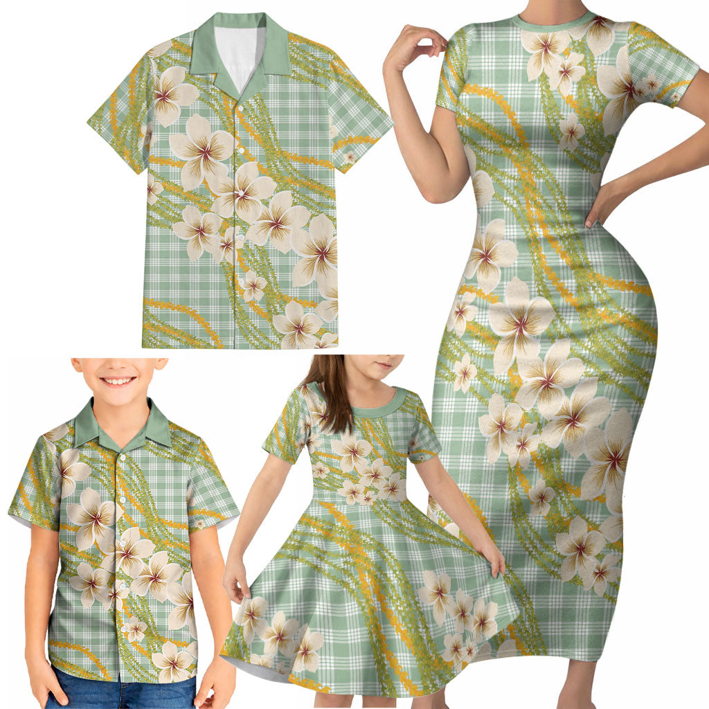Liko Kukui Hawai'i Palaka Plumeria Family Matching Short Sleeve Bodycon Dress and Hawaiian Shirt Puakenikeni and Maile Lei LT9 - Polynesian Pride