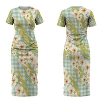 Liko Kukui Hawai'i Palaka Plumeria Family Matching Short Sleeve Bodycon Dress and Hawaiian Shirt Puakenikeni and Maile Lei LT9 Mom's Dress Sage Green - Polynesian Pride