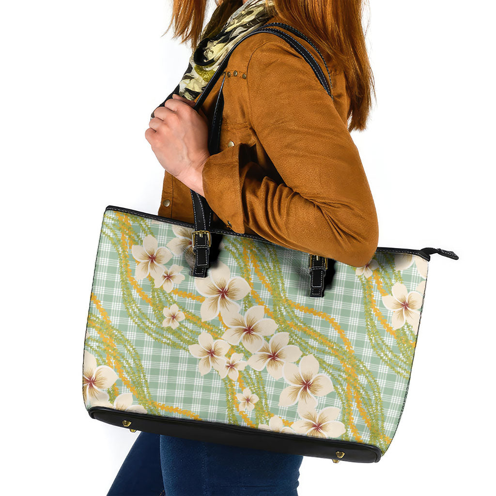 Liko Kukui Hawai'i Palaka Plumeria Leather Tote Bag Puakenikeni and Maile Lei