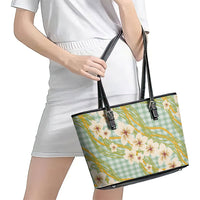 Liko Kukui Hawai'i Palaka Plumeria Leather Tote Bag Puakenikeni and Maile Lei