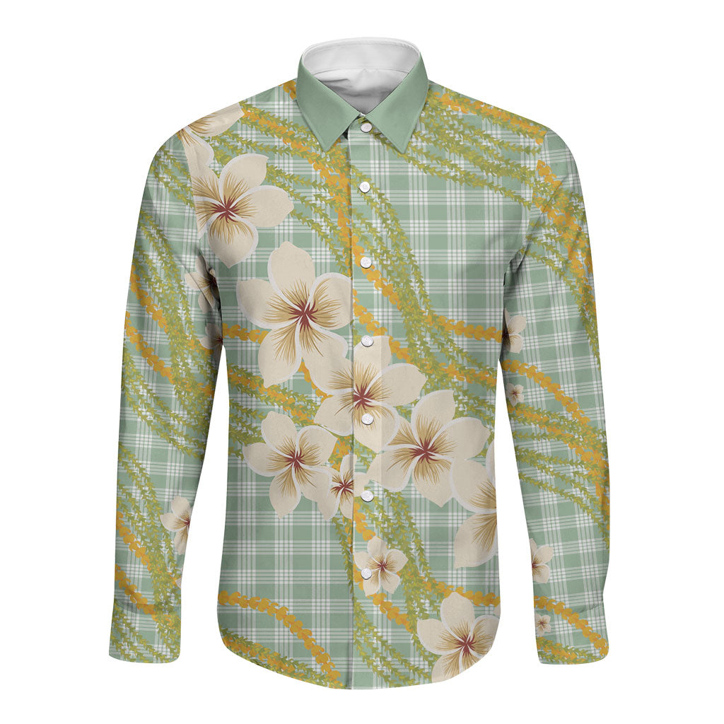 Liko Kukui Hawai'i Palaka Plumeria Long Sleeve Button Shirt Puakenikeni and Maile Lei LT9 Unisex Sage Green - Polynesian Pride
