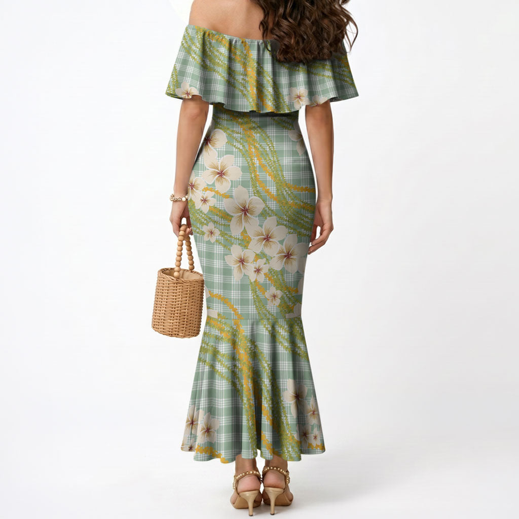 Liko Kukui Hawai'i Palaka Plumeria Mermaid Dress Puakenikeni and Maile Lei