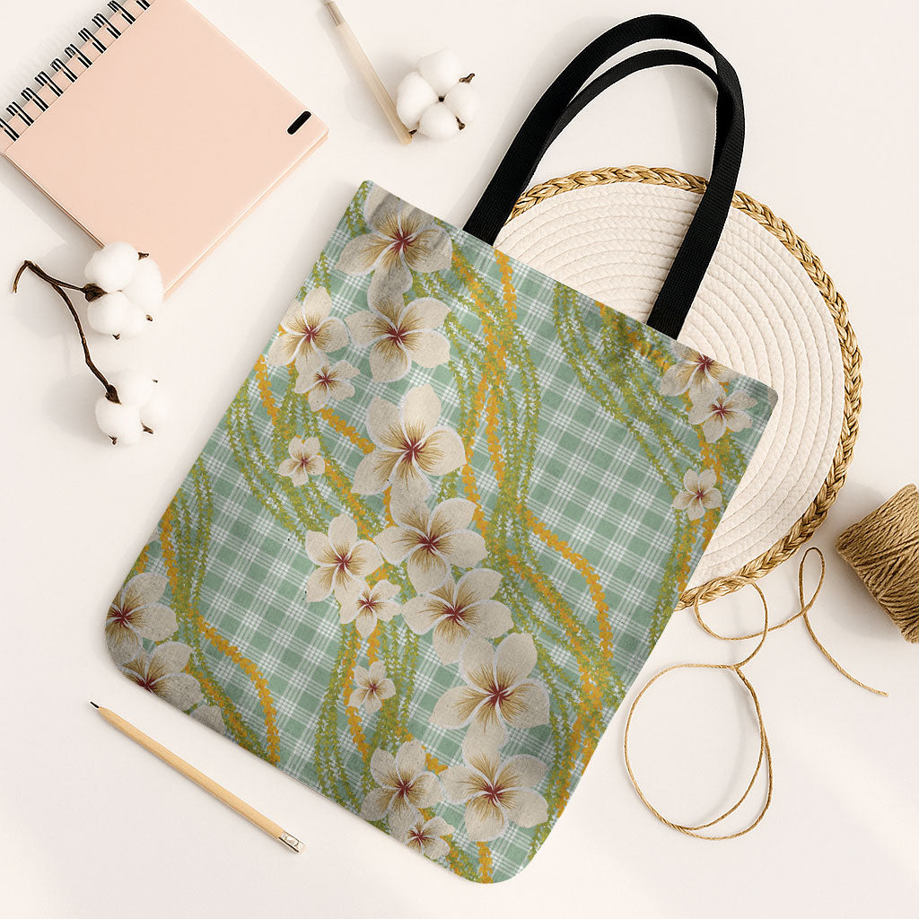 Liko Kukui Hawai'i Palaka Plumeria Tote Bag Puakenikeni and Maile Lei