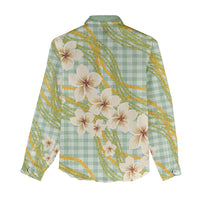 Liko Kukui Hawai'i Palaka Plumeria Women Casual Shirt Puakenikeni and Maile Lei