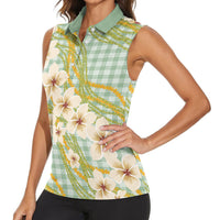 Liko Kukui Hawai'i Palaka Plumeria Women Sleeveless Polo Shirt Puakenikeni and Maile Lei