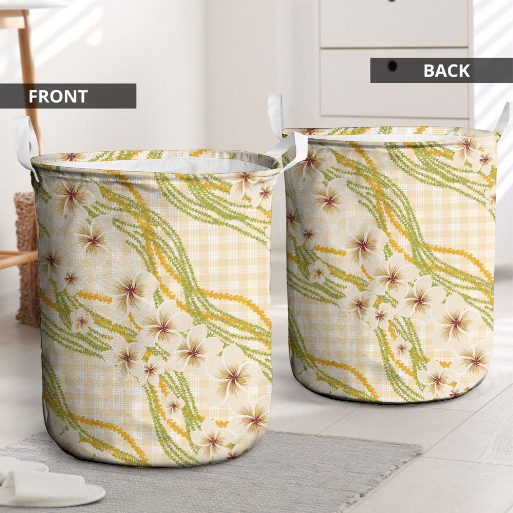 Melemele Ahiahia Hawai'i Palaka Plumeria Laundry Basket Puakenikeni and Maile Lei