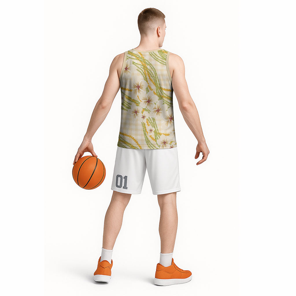 Melemele Ahiahia Hawai'i Palaka Plumeria Basketball Jersey Puakenikeni and Maile Lei