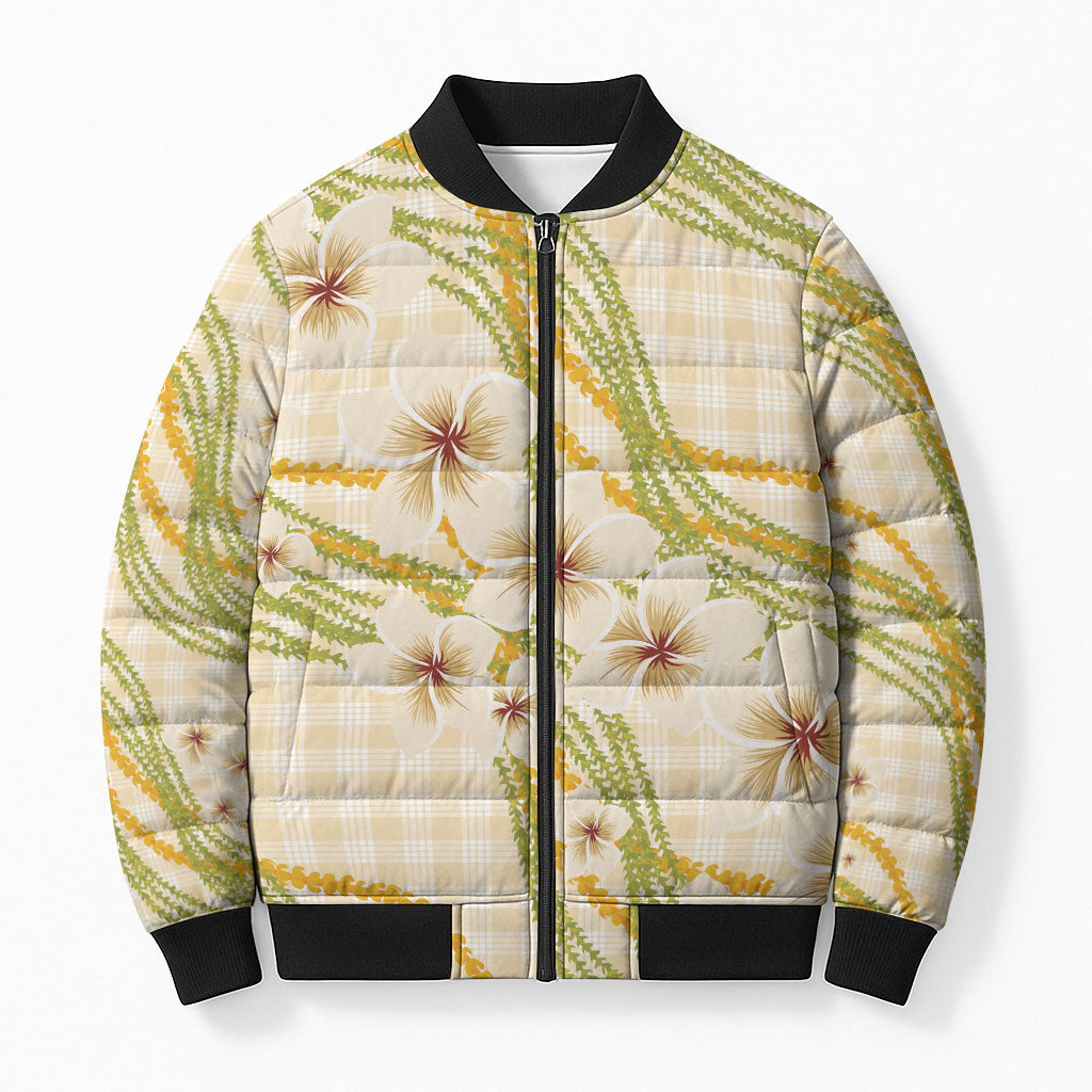 Melemele Ahiahia Hawai'i Palaka Plumeria Bomber Puffer Jacket Puakenikeni and Maile Lei