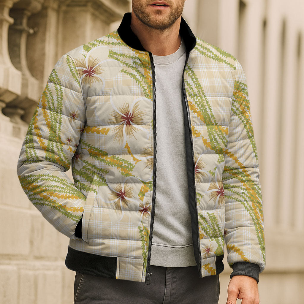 Melemele Ahiahia Hawai'i Palaka Plumeria Bomber Puffer Jacket Puakenikeni and Maile Lei