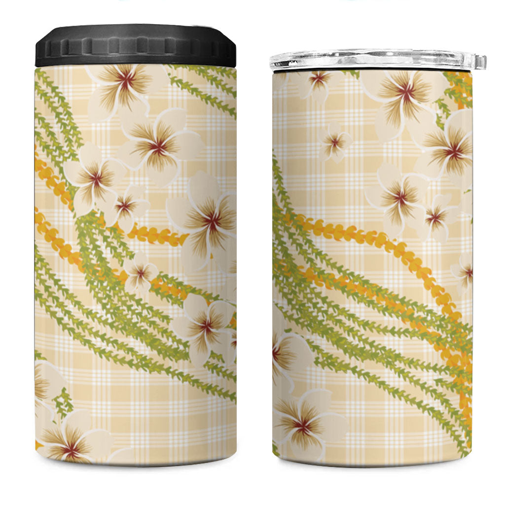 Melemele Ahiahia Hawai'i Palaka Plumeria 4 in 1 Can Cooler Tumbler Puakenikeni and Maile Lei