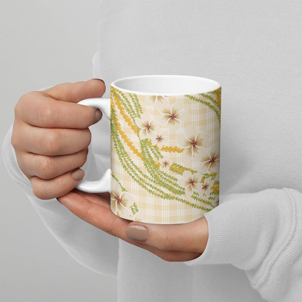 Melemele Ahiahia Hawai'i Palaka Plumeria Ceramic Mug Puakenikeni and Maile Lei
