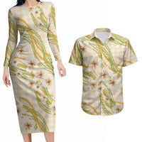 Melemele Ahiahia Hawai'i Palaka Plumeria Couples Matching Long Sleeve Bodycon Dress and Hawaiian Shirt Puakenikeni and Maile Lei LT9 Pastel Yellow - Polynesian Pride
