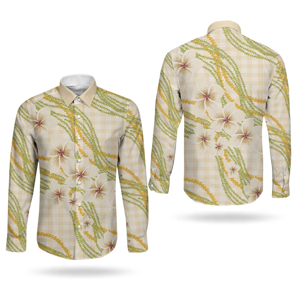 Melemele Ahiahia Hawai'i Palaka Plumeria Couples Matching Long Sleeve Bodycon Dress and Long Sleeve Button Shirt Puakenikeni and Maile Lei