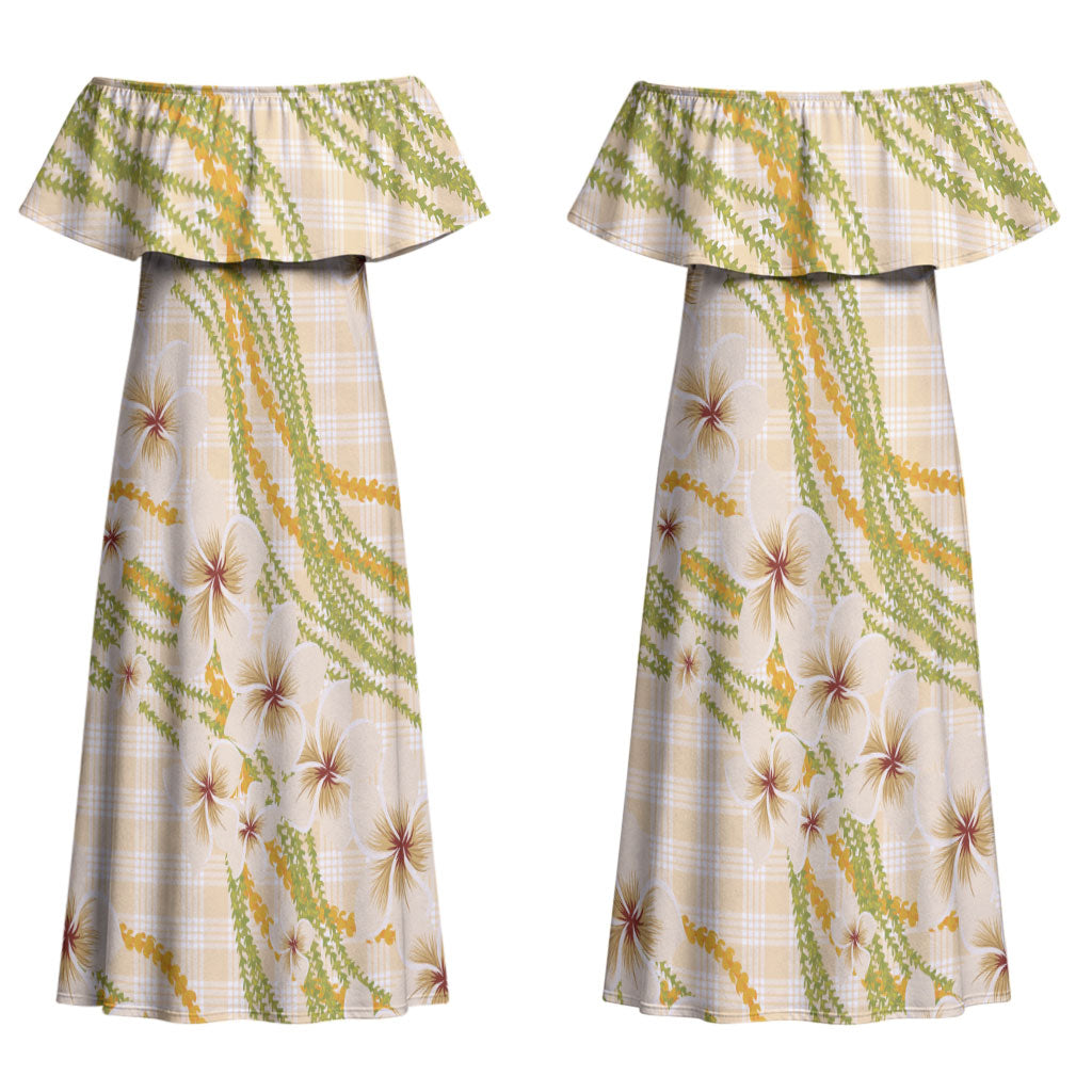 Melemele Ahiahia Hawai'i Palaka Plumeria Couples Matching Off Shoulder Maxi Dress and Hawaiian Shirt Puakenikeni and Maile Lei