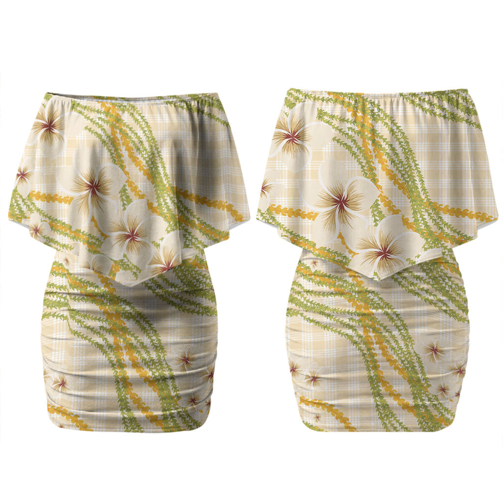 Melemele Ahiahia Hawai'i Palaka Plumeria Couples Matching Off Shoulder Short Dress and Hawaiian Shirt Puakenikeni and Maile Lei