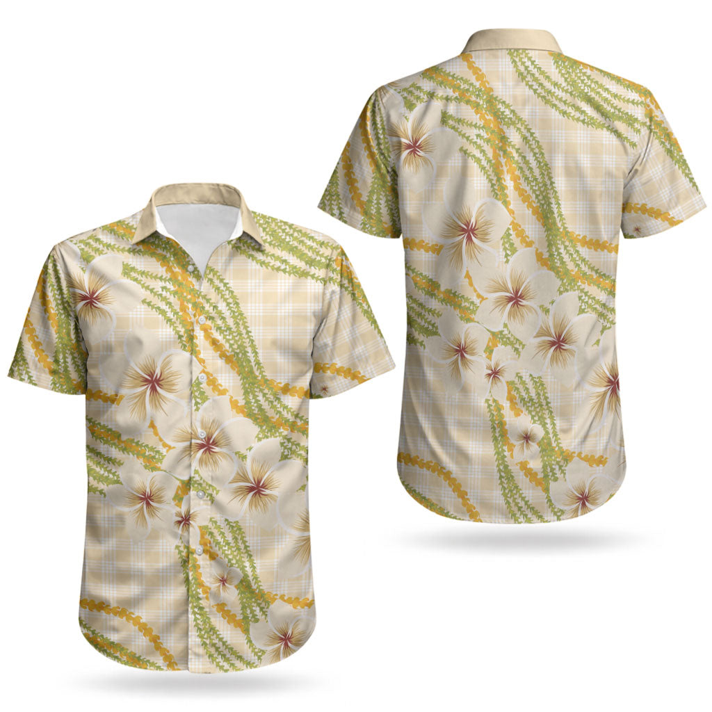 Melemele Ahiahia Hawai'i Palaka Plumeria Couples Matching Off The Shoulder Long Sleeve Dress and Hawaiian Shirt Puakenikeni and Maile Lei LT9 - Polynesian Pride