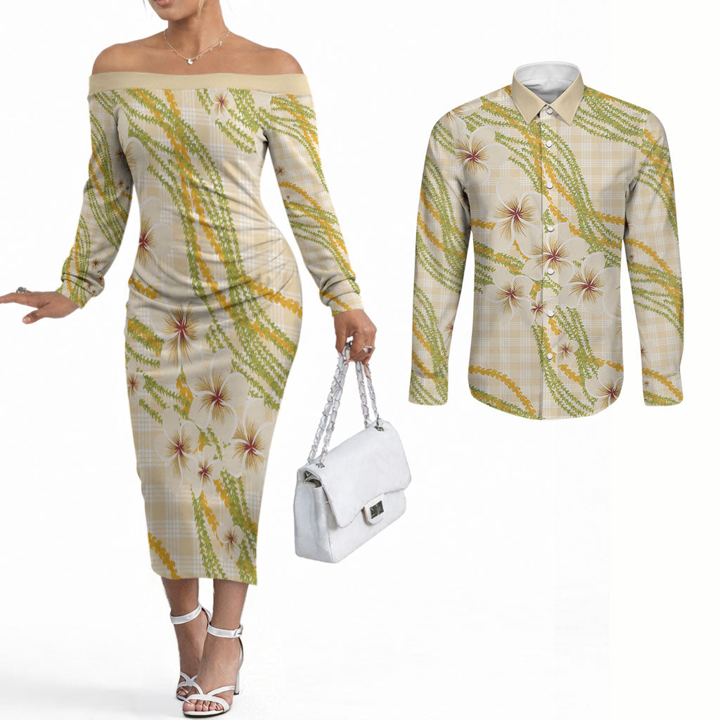 Melemele Ahiahia Hawai'i Palaka Plumeria Couples Matching Off The Shoulder Long Sleeve Dress and Long Sleeve Button Shirt Puakenikeni and Maile Lei LT9 Pastel Yellow - Polynesian Pride