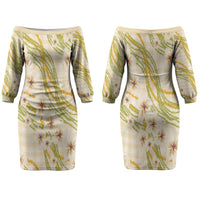 Melemele Ahiahia Hawai'i Palaka Plumeria Couples Matching Off The Shoulder Long Sleeve Dress and Long Sleeve Button Shirt Puakenikeni and Maile Lei