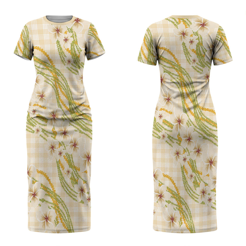 Melemele Ahiahia Hawai'i Palaka Plumeria Couples Matching Short Sleeve Bodycon Dress and Hawaiian Shirt Puakenikeni and Maile Lei LT9 - Polynesian Pride