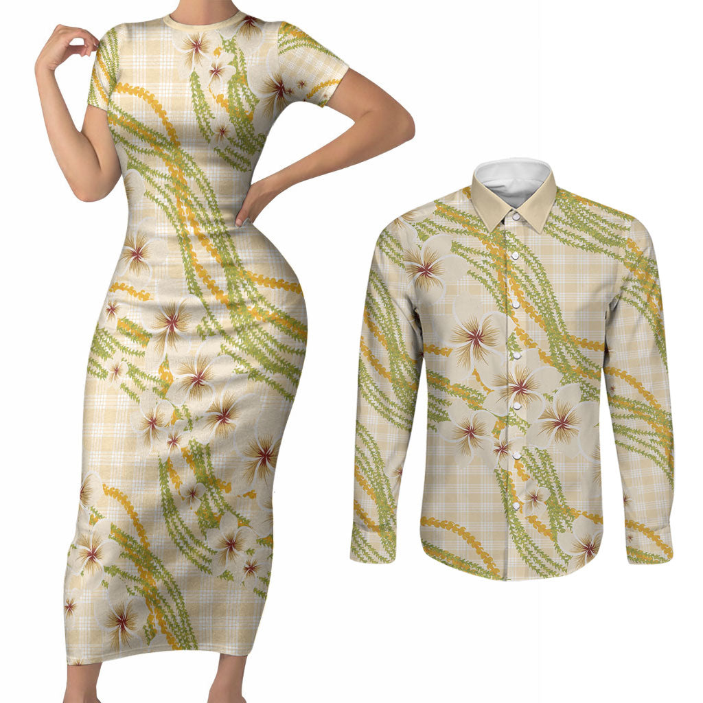 Melemele Ahiahia Hawai'i Palaka Plumeria Couples Matching Short Sleeve Bodycon Dress and Long Sleeve Button Shirt Puakenikeni and Maile Lei LT9 Pastel Yellow - Polynesian Pride