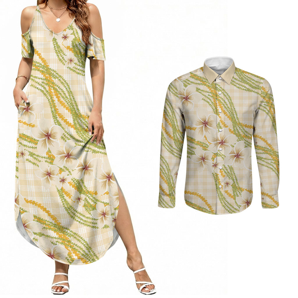 Melemele Ahiahia Hawai'i Palaka Plumeria Couples Matching Summer Maxi Dress and Long Sleeve Button Shirt Puakenikeni and Maile Lei