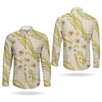 Melemele Ahiahia Hawai'i Palaka Plumeria Couples Matching Summer Maxi Dress and Long Sleeve Button Shirt Puakenikeni and Maile Lei