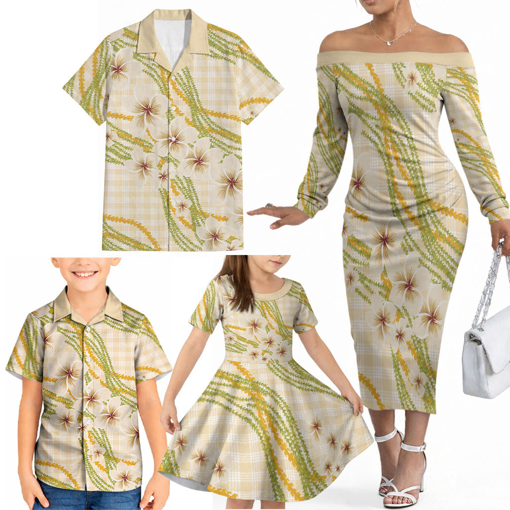 Melemele Ahiahia Hawai'i Palaka Plumeria Family Matching Off The Shoulder Long Sleeve Dress and Hawaiian Shirt Puakenikeni and Maile Lei LT9 - Polynesian Pride