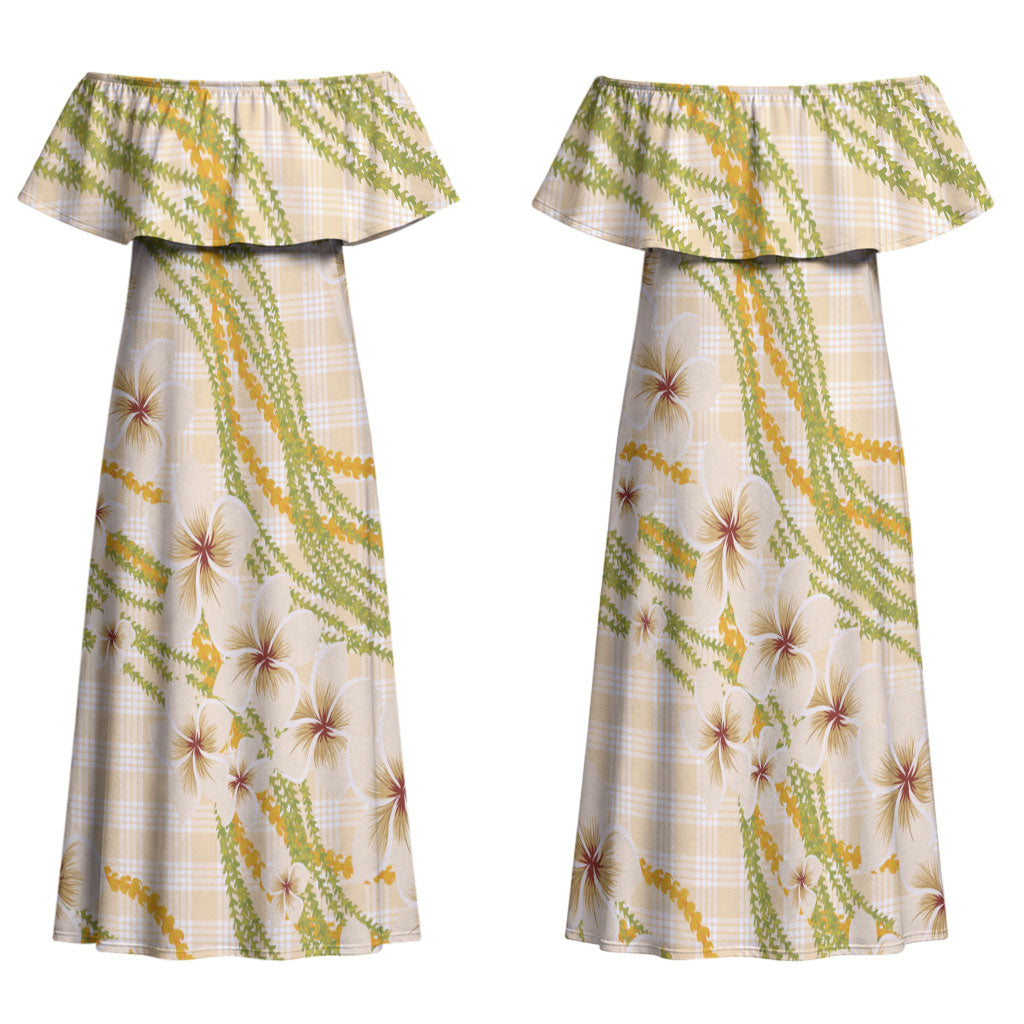Melemele Ahiahia Hawai'i Palaka Plumeria Family Matching Off Shoulder Maxi Dress and Hawaiian Shirt Puakenikeni and Maile Lei LT9 Mom's Dress Pastel Yellow - Polynesian Pride
