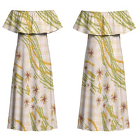 Melemele Ahiahia Hawai'i Palaka Plumeria Family Matching Off Shoulder Maxi Dress and Hawaiian Shirt Puakenikeni and Maile Lei LT9 Mom's Dress Pastel Yellow - Polynesian Pride