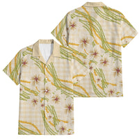Melemele Ahiahia Hawai'i Palaka Plumeria Family Matching Off Shoulder Maxi Dress and Hawaiian Shirt Puakenikeni and Maile Lei LT9 Dad's Shirt - Short Sleeve Pastel Yellow - Polynesian Pride