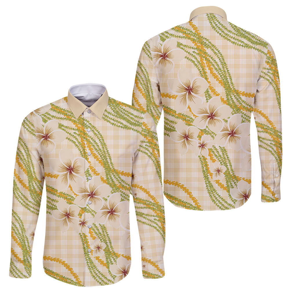 Melemele Ahiahia Hawai'i Palaka Plumeria Family Matching Off Shoulder Maxi Dress and Hawaiian Shirt Puakenikeni and Maile Lei LT9 Dad's Shirt - Long Sleeve Pastel Yellow - Polynesian Pride