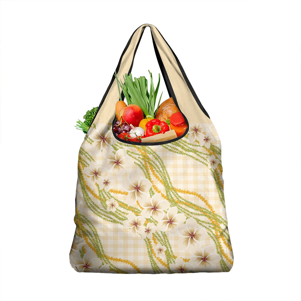 Melemele Ahiahia Hawai'i Palaka Plumeria Grocery Bag Puakenikeni and Maile Lei