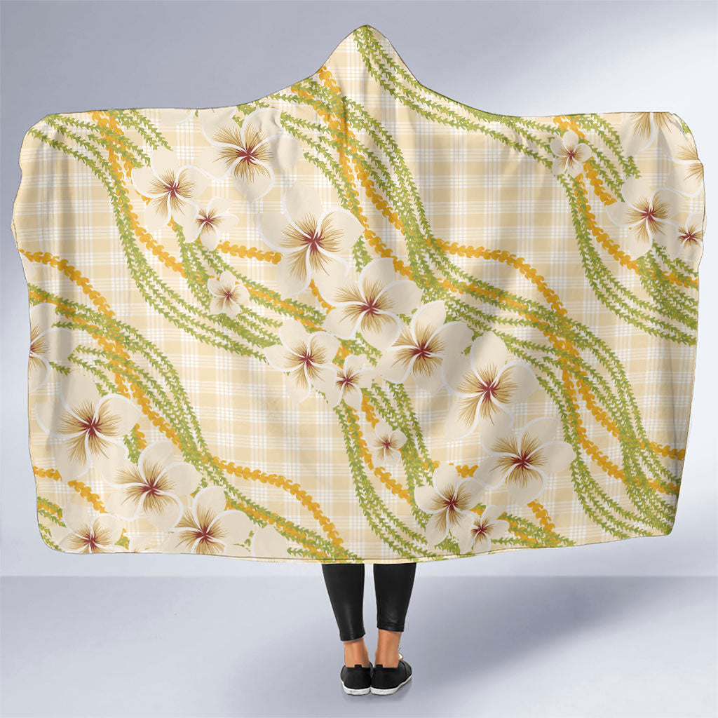 Melemele Ahiahia Hawai'i Palaka Plumeria Hooded Blanket Puakenikeni and Maile Lei