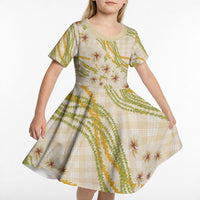 Melemele Ahiahia Hawai'i Palaka Plumeria Kid Short Sleeve Dress Puakenikeni and Maile Lei