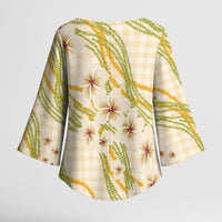 Melemele Ahiahia Hawai'i Palaka Plumeria Kimono Sleeve Blouse Puakenikeni and Maile Lei
