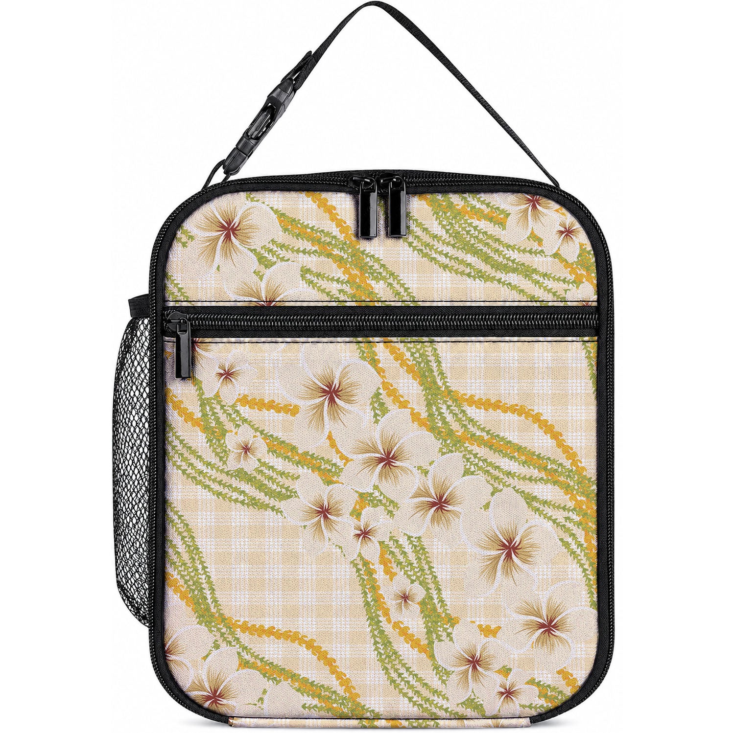 Melemele Ahiahia Hawai'i Palaka Plumeria Lunch Bag Puakenikeni and Maile Lei LT9 10.2 × 8.3 × 4.3 inch Pastel Yellow - Polynesian Pride