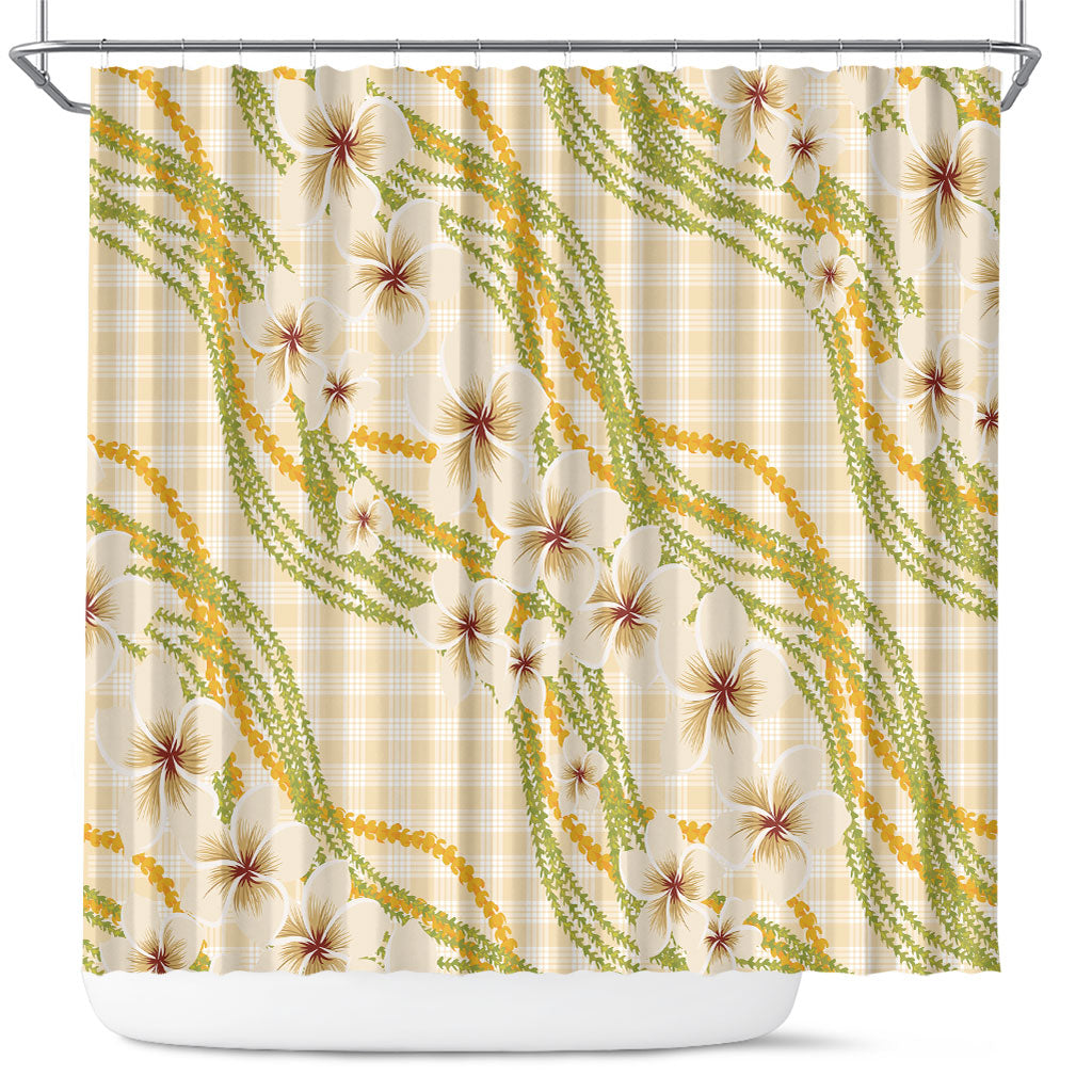 Melemele Ahiahia Hawai'i Palaka Plumeria Shower Curtain Puakenikeni and Maile Lei