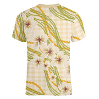 Melemele Ahiahia Hawai'i Palaka Plumeria Women V-Neck T-Shirt Puakenikeni and Maile Lei LT9 - Polynesian Pride